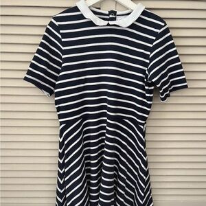 EUC Petit Bateau Blue White Stripe Cotton Dress With Collar 10 Runs Small